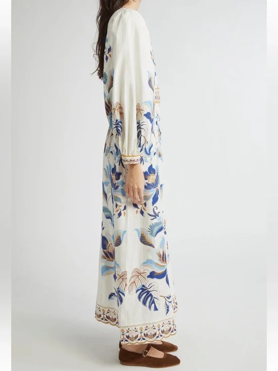 FARM Rio Mystic Blue Lotus Dreamscape Linen Blend L/S Maxi Dress NWT Size XL - Picture 3 of 11